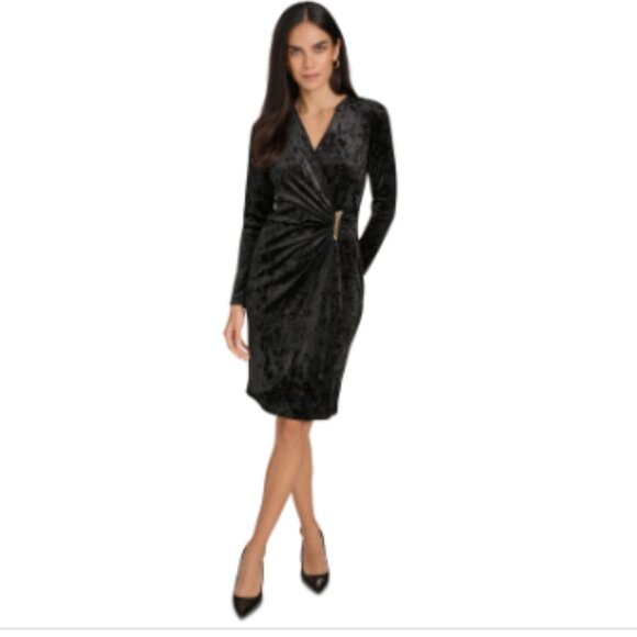 Calvin Klein Women's Velvet Embellished V-Neck Sheath Dress - Black - Picture 1 of 4